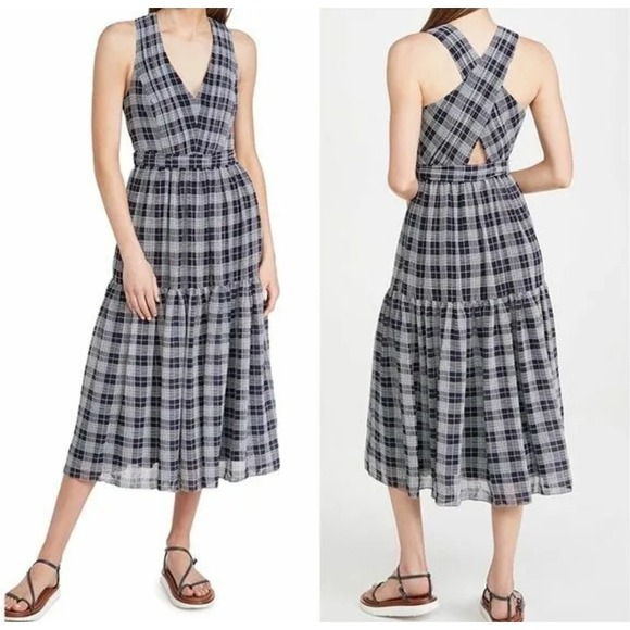 Club Monaco Dresses & Skirts - Club Monaco Women' s Blue Plaid Cross Back Midi Dress Size: 00 NWT